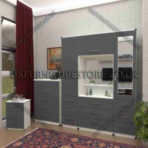 Front Gray Side White 2 Door 1 Mirror Wardrobe, Vanity, Chest, Drawers & Bedside Set