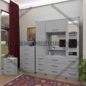 Silver 2 Door 1 Mirror Wardrobe, Vanity, Chest, Drawers & Bedside Set