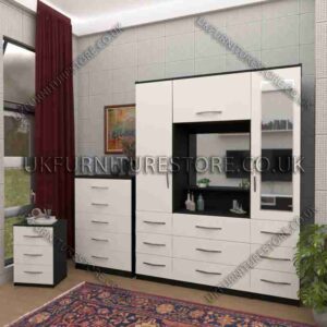 Front White Side Black 2 Door 1 Mirror Wardrobe, Vanity, Chest, Drawers & Bedside Set