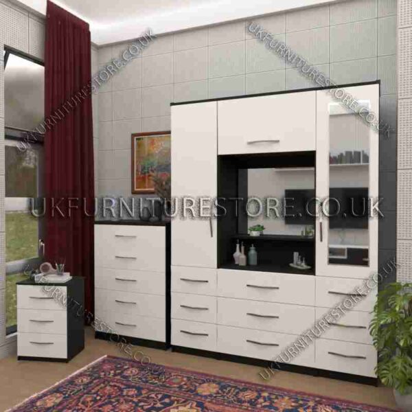 Front White Side Black 2 Door 1 Mirror Wardrobe, Vanity, Chest, Drawers & Bedside Set