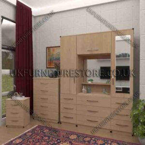 Oak 2 Door 1 Mirror Wardrobe, Vanity, Chest, Drawers & Bedside Set
