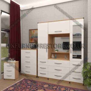 Front White Side Oak 2 Door 1 Mirror Wardrobe, Vanity, Chest, Drawers & Bedside Set