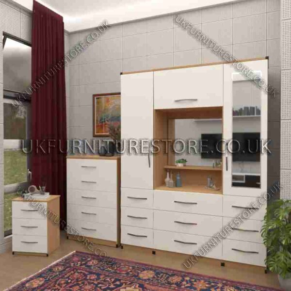 Front White Side Oak 2 Door 1 Mirror Wardrobe, Vanity, Chest, Drawers & Bedside Set