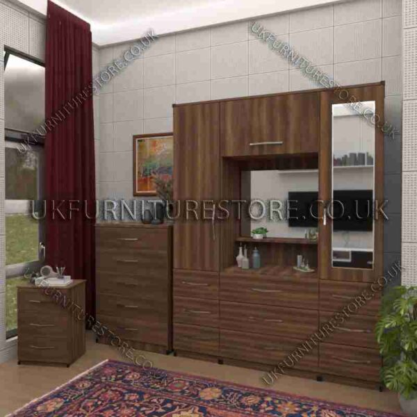 Walnut 2 Door 1 Mirror Wardrobe Set, Vanity, Chest, Drawers & Bedside Set