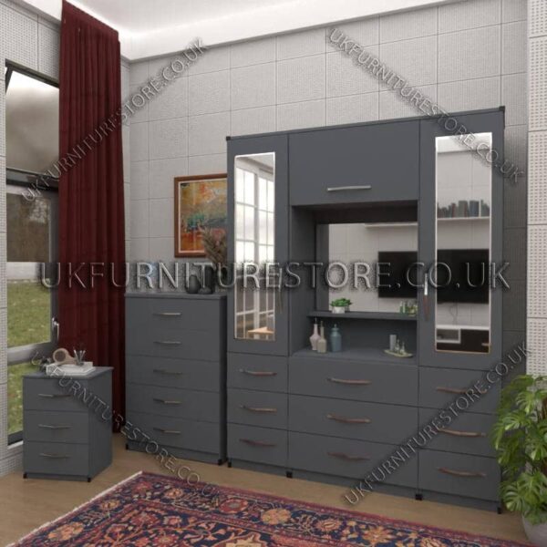 Gray 2 Door Mirrored Wardrobe, Vanity, Chest, Drawers & Bedside Set