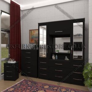 Black 2 Door Mirrored Wardrobe, Vanity, Chest, Drawers & Bedside Set