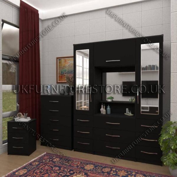 Black 2 Door Mirrored Wardrobe, Vanity, Chest, Drawers & Bedside Set