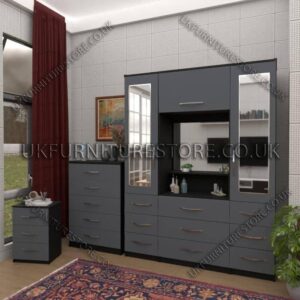 Front Gray Side Black 2 Door Mirrored Wardrobe, Vanity, Chest, Drawers & Bedside Set