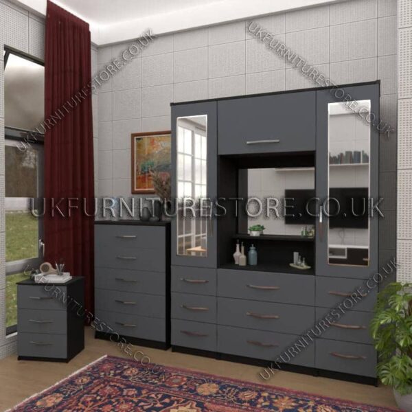 Front Gray Side Black 2 Door Mirrored Wardrobe, Vanity, Chest, Drawers & Bedside Set