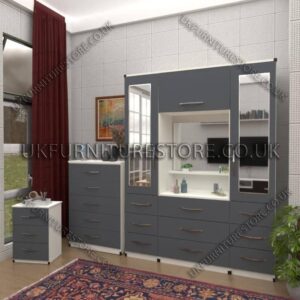 Front Gray Side White 2 Door Mirrored Wardrobe, Vanity, Chest, Drawers & Bedside Set