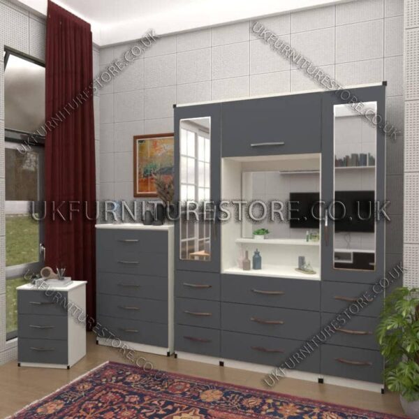 Front Gray Side White 2 Door Mirrored Wardrobe, Vanity, Chest, Drawers & Bedside Set