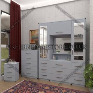 Silver 2 Door Mirrored Wardrobe, Vanity, Chest, Drawers & Bedside Set