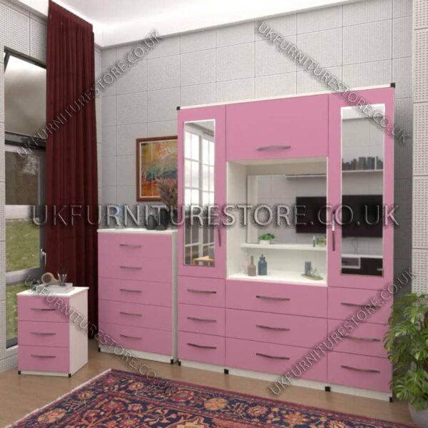 Front Pink Side White 2 Door Mirrored Wardrobe, Vanity, Chest, Drawers & Bedside Set