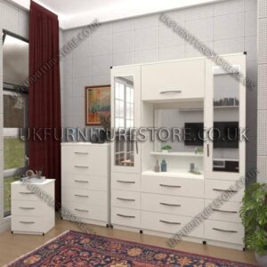 White 2 Door Mirrored Wardrobe, Vanity, Chest, Drawers & Bedside Set