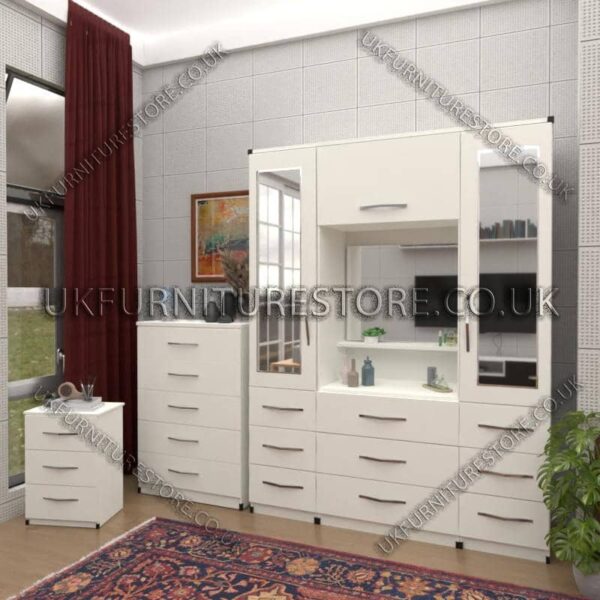 White 2 Door Mirrored Wardrobe, Vanity, Chest, Drawers & Bedside Set