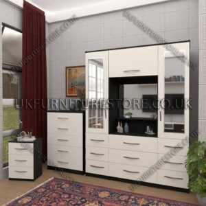 Front White Side Black 2 Door Mirrored Wardrobe Set, Vanity, Chest, Drawers & Bedside