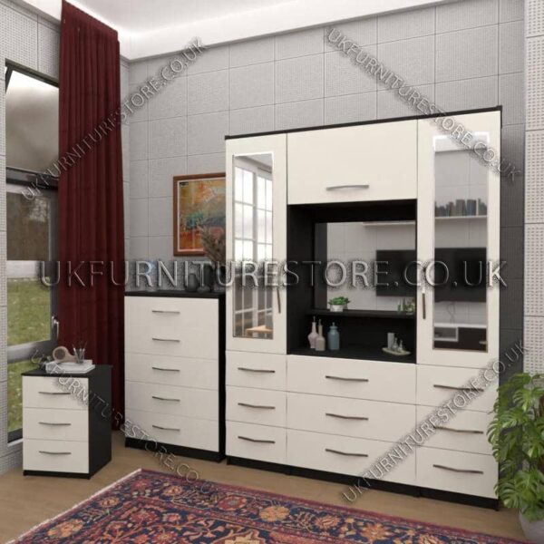 Front White Side Black 2 Door Mirrored Wardrobe Set, Vanity, Chest, Drawers & Bedside