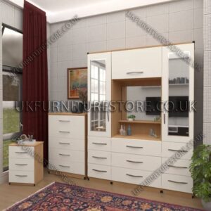 Front White Side Oak 2 Door Mirrored Wardrobe, Vanity, Chest, Drawers & Bedside Set