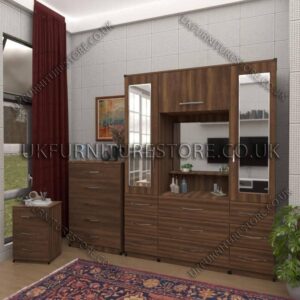 Walnut 2 Door Mirrored Wardrobe, Vanity, Chest, Drawers & Bedside Set