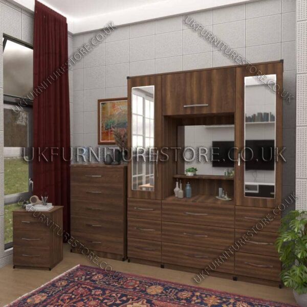 Walnut 2 Door Mirrored Wardrobe, Vanity, Chest, Drawers & Bedside Set