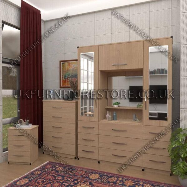 Oak 2 Door Mirrored Wardrobe, Vanity, Chest, Drawers & Bedside Set
