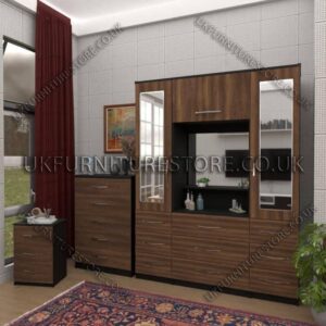 Walnut 2 Door Mirrored Wardrobe, Vanity, Chest, Drawers & Bedside Set