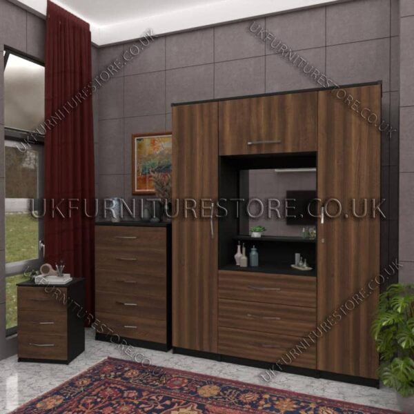 Front Walnut Side Black 2 Door Wardrobe, Vanity & Drawers