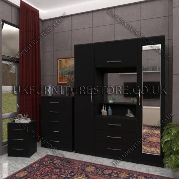Black 2 Door 1 Mirror Wardrobe, Vanity & Drawer Set