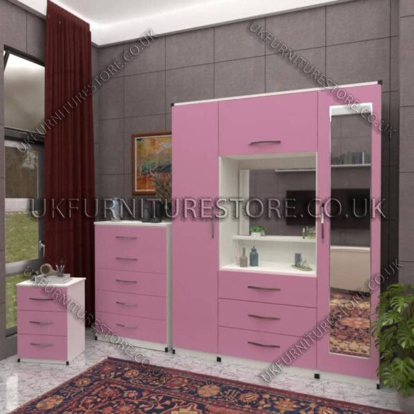 Front Pink Side White 2 Door 1 Mirrors Wardrobe, Vanity & Drawer Set