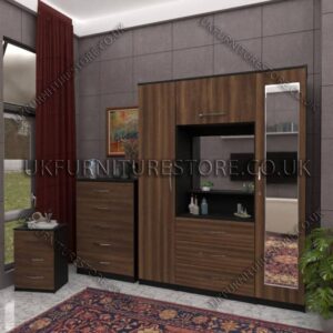 Walnut 2 Door 1 Mirror Wardrobe, Vanity & Drawer Set