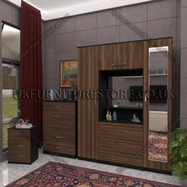 Walnut 2 Door 1 Mirror Wardrobe, Vanity & Drawer Set