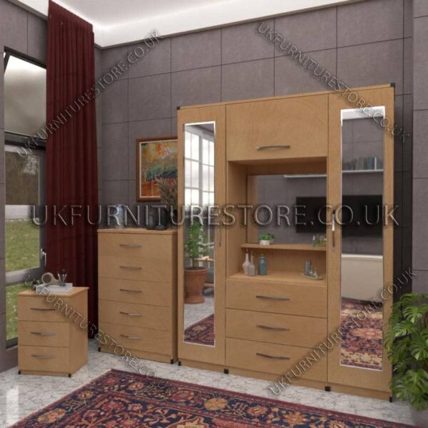 Beech 2 Door 2 Mirrors Wardrobe, Vanity & Drawer Set for Bedroom