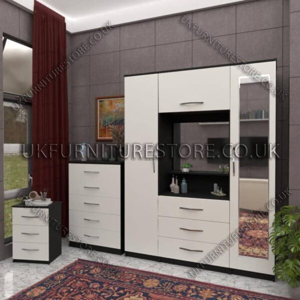 Front White Side Black 2 Door 1 Mirror Wardrobe, Vanity & Drawer Set