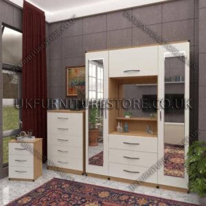 Front White Side Oak 2 Door 2 Mirrors Wardrobe, Vanity & Drawer Set for Bedroom