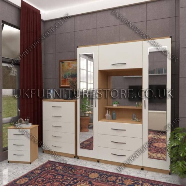 Front White Side Oak 2 Door 2 Mirrors Wardrobe, Vanity & Drawer Set for Bedroom