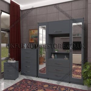 Gray 2 Door 2 Mirrors Wardrobe, Vanity & Drawer Set for Bedroom