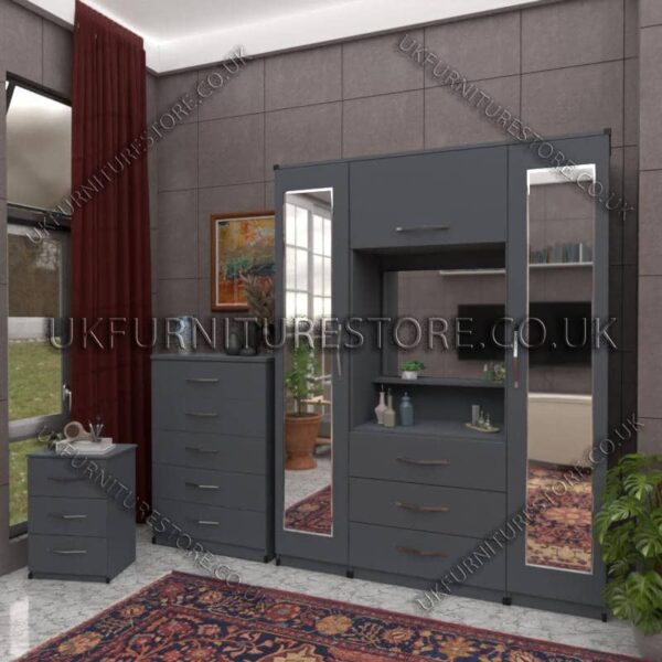 Gray 2 Door 2 Mirrors Wardrobe, Vanity & Drawer Set for Bedroom