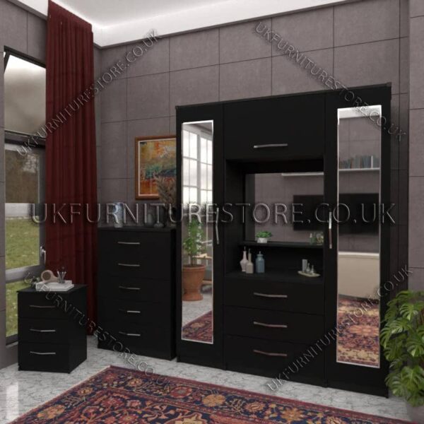 Black 2 Door 2 Mirrors Wardrobe, Vanity & Drawer Set for Bedroom
