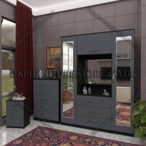 Front Gray Side Black 2 Door 2 Mirrors Wardrobe, Vanity & Drawer Set for Bedroom