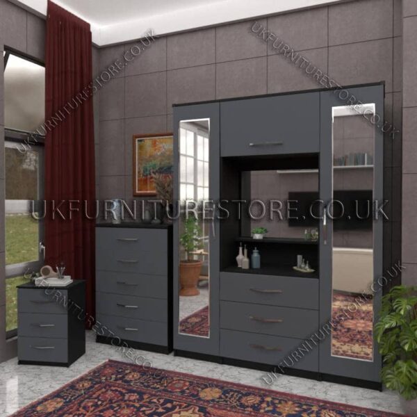 Front Gray Side Black 2 Door 2 Mirrors Wardrobe, Vanity & Drawer Set for Bedroom