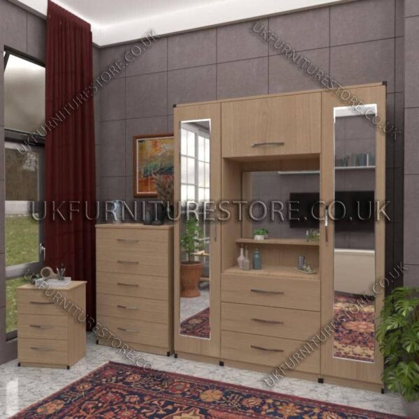 Oak 2 Door 2 Mirrors Wardrobe, Vanity & Drawer Set for Bedroom