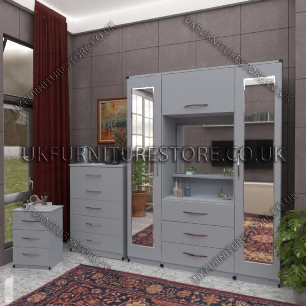 Silver 2 Door 2 Mirrors Wardrobe, Vanity & Drawer Set for Bedroom
