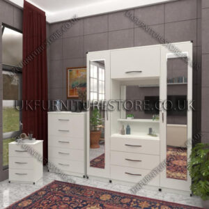White 2 Door 2 Mirrors Wardrobe, Vanity & Drawer Set for Bedroom