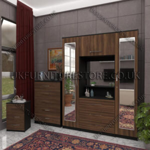 Front Walnut Side Black 2 Door 2 Mirrors Wardrobe, Vanity & Drawer Set for Bedroom