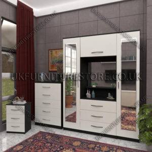 Front White Side Black 2 Door 2 Mirrors Wardrobe, Vanity & Drawer Set for Bedroom