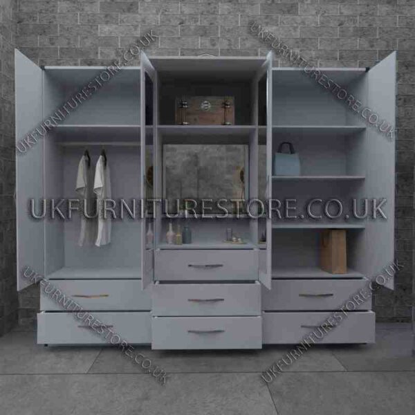 Silver 5 Door Wardrobe With Vanity and 7 Bottom Drawers