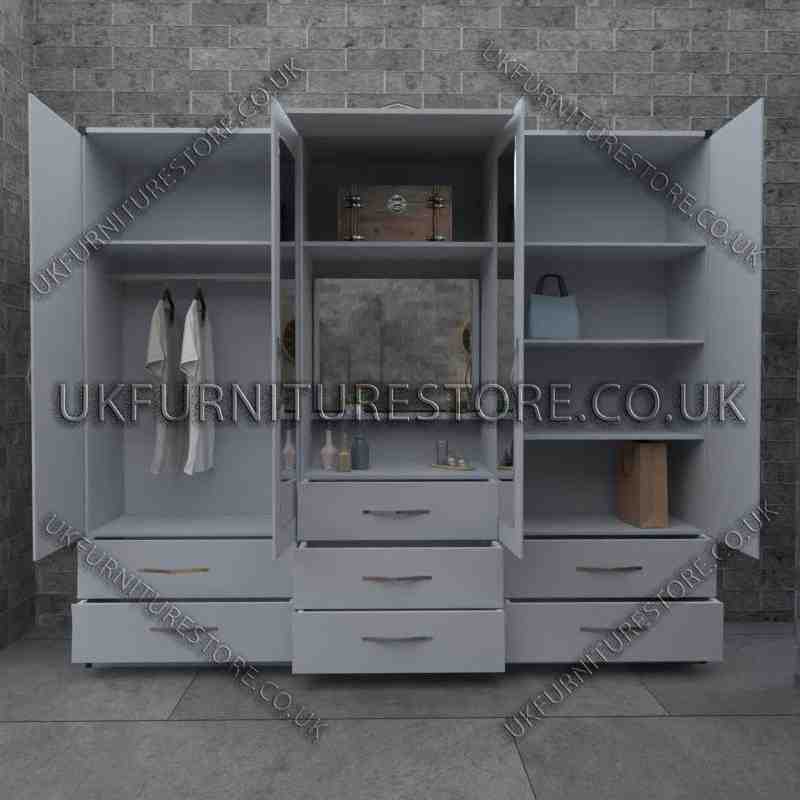 Silver 5 Door Wardrobe With Vanity and 7 Bottom Drawers