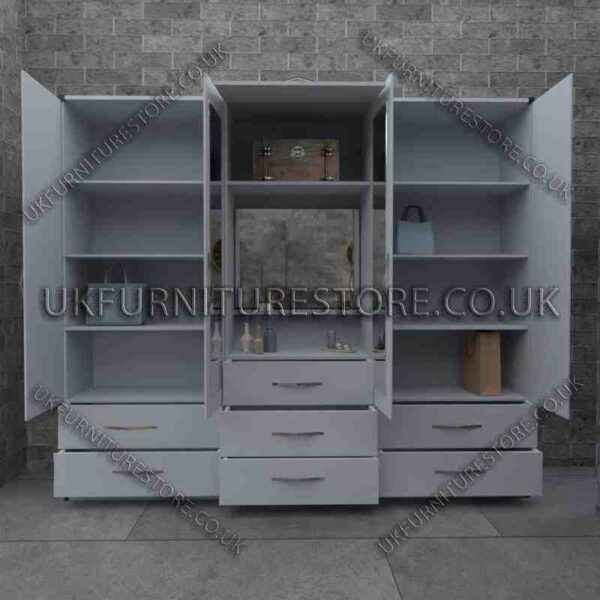 Silver 5 Door Wardrobe With Vanity and 7 Bottom Drawers